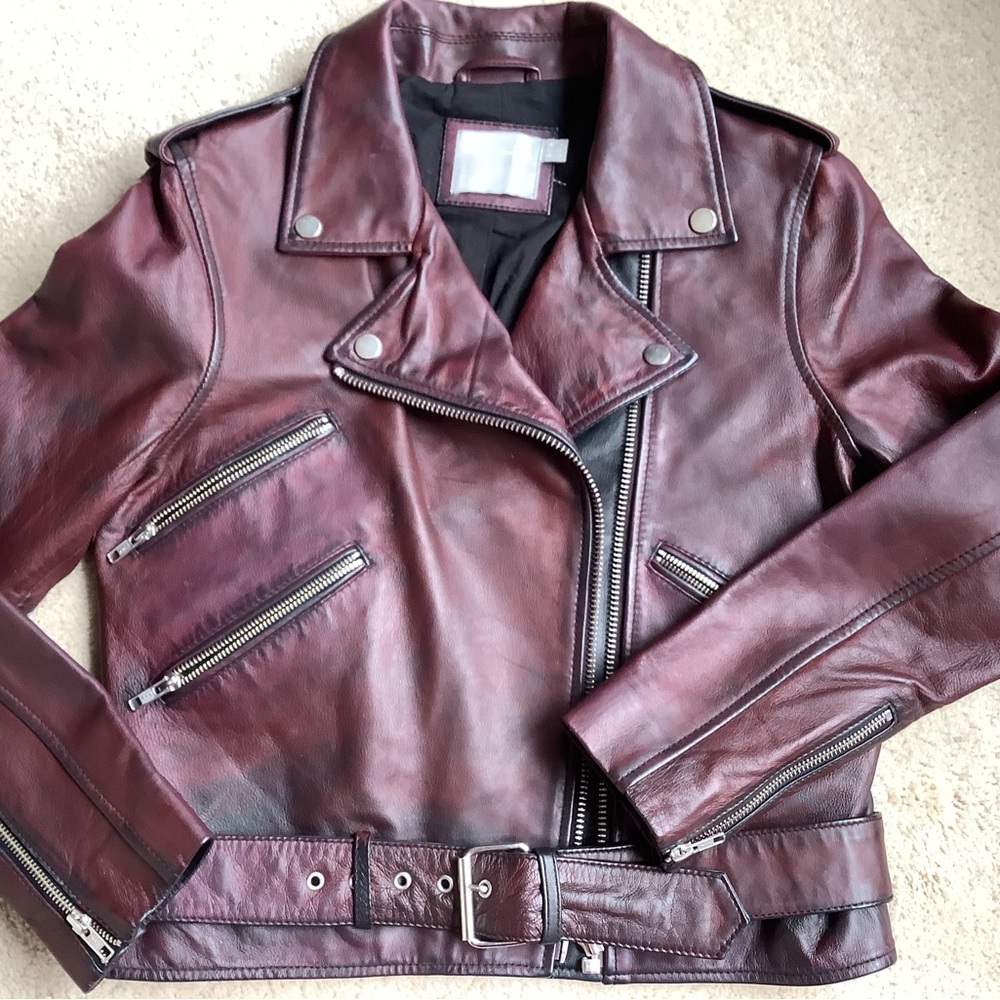 ASOS genuine leather moto jacket Sz 4.  Burgundy and black, aged/weathered look